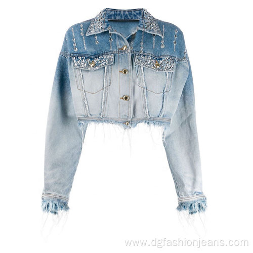 Womens Rhinestone Jean Jacket Two Piece Set Clothing